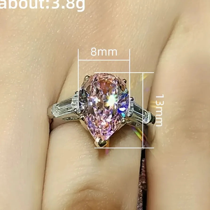 Pear Pink Cubic Zirconia Brass Geometric Engagement Wedding Band Ring Women