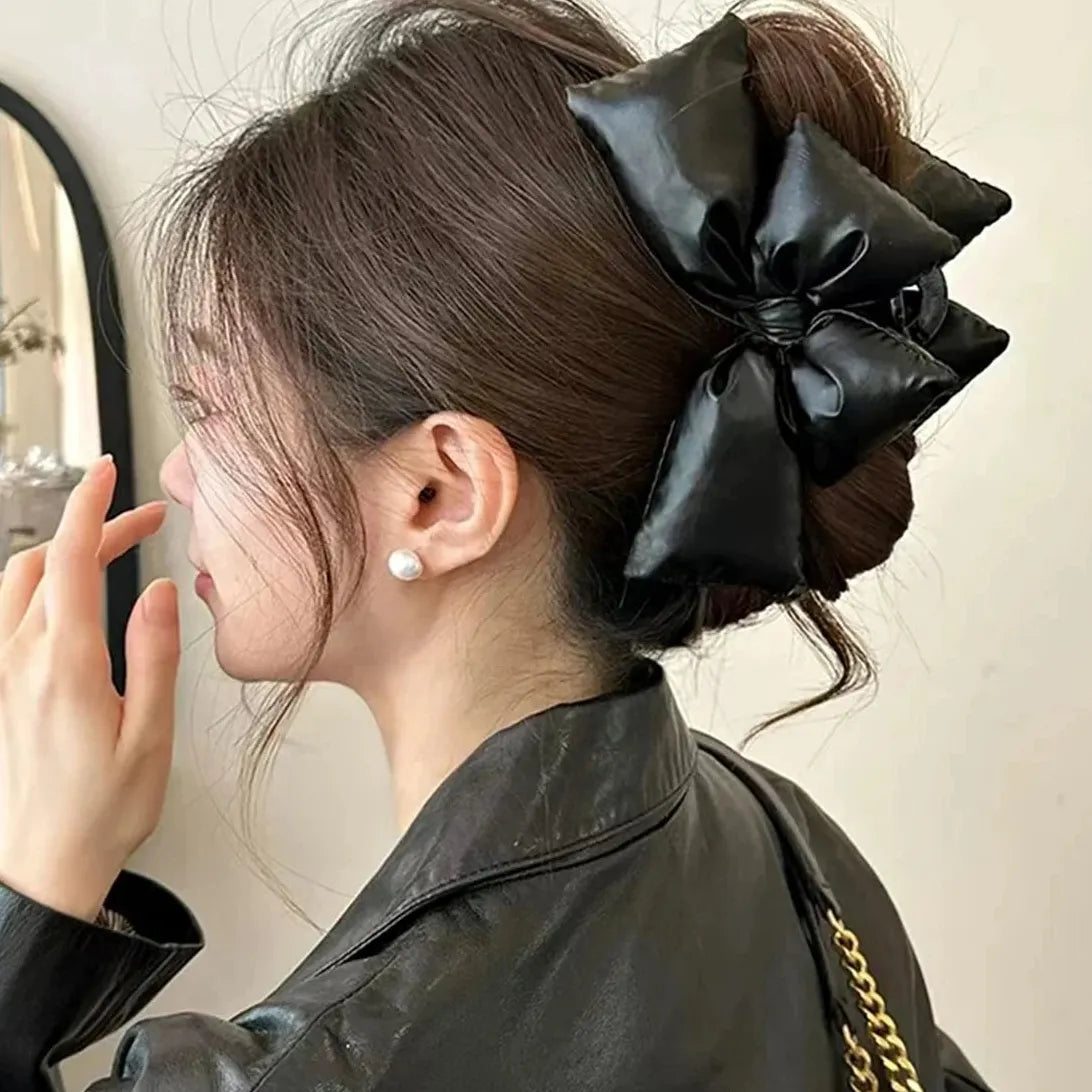 Large Black PU Leather Bow Claw Clip No-Slip Hair Accessory for Thick Hair