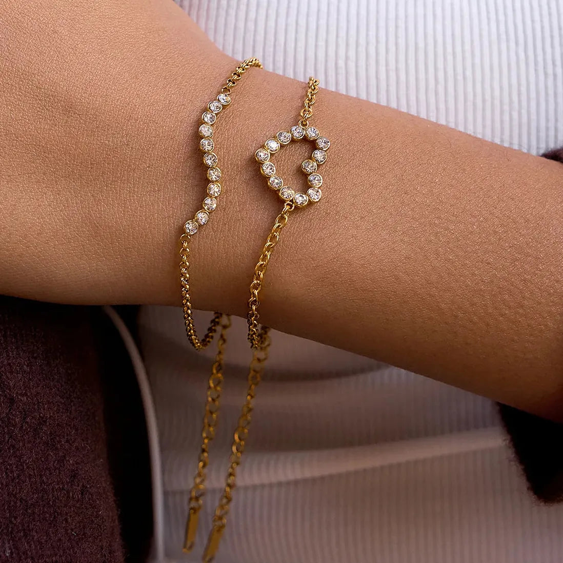 Charm Sparkling Mini Zircon Geometric Heart Tennis Bracelet Women Stainless Steel PVD Gold Plated