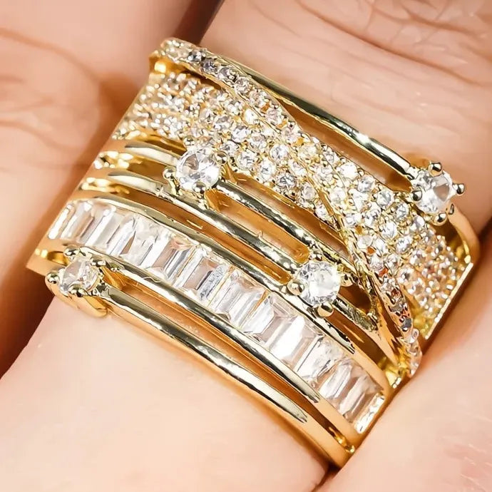 Hollow Out Multilayer Women’s CZ Ring Brass Geometric Luxury Party Jewelry