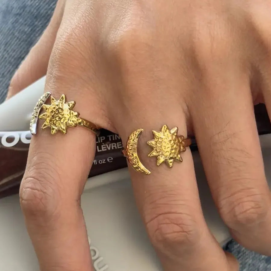 Minimalist Asymmetric Moon Star Open Ring for Women Gold Stainless Steel Jewelry