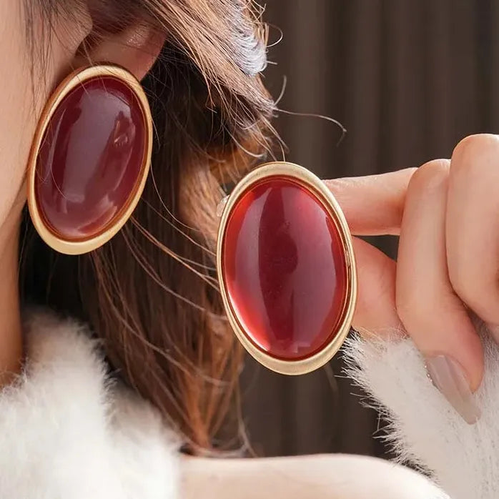 Vintage Red Geometric Stud Earrings for Women Gold Oval Party Jewelry