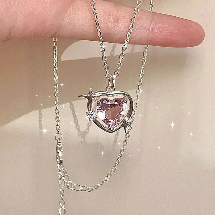 Y2K Pink Zircon Heart Pendant Necklace for Women Zinc Alloy Gift