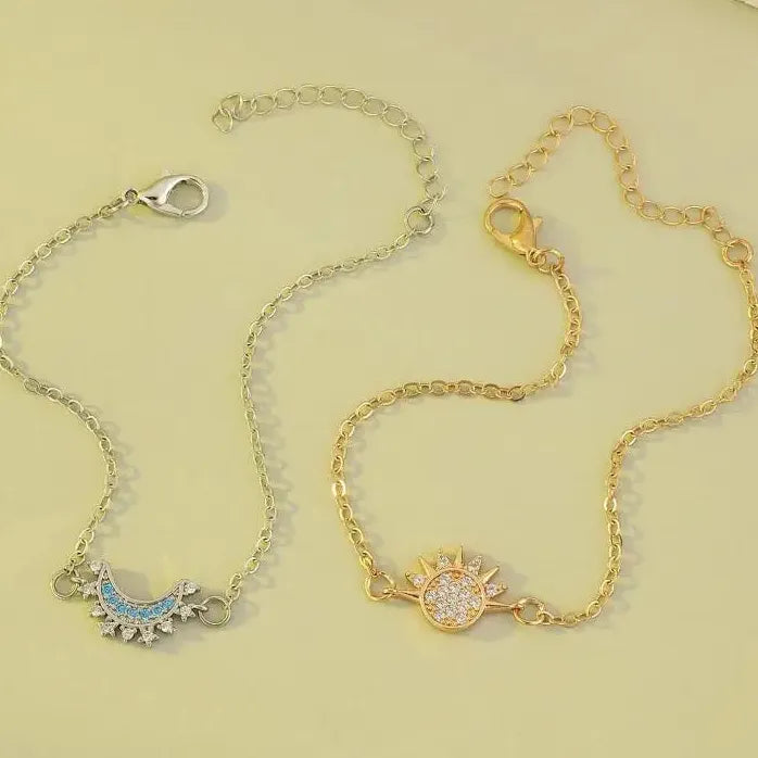 2Pcs Adjustable Copper Bracelets Sun Moon Star Rhinestone Gift Set