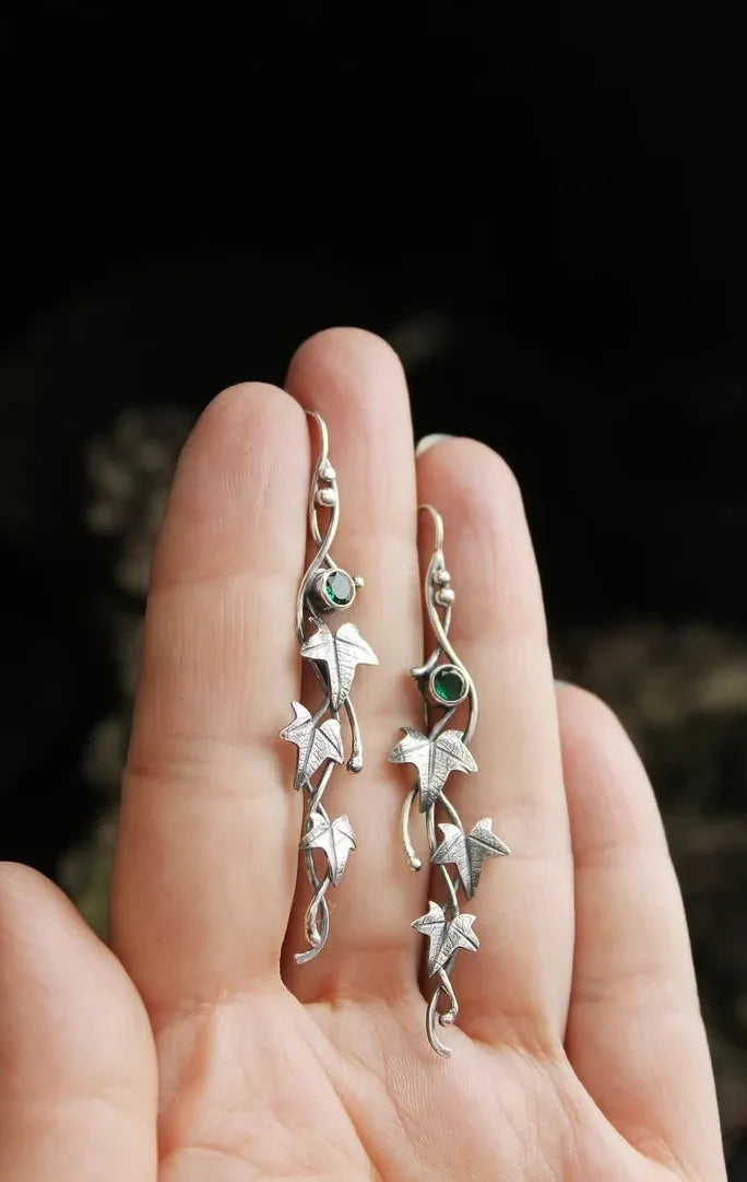 Vintage Ivy Elven Leaf Drop Earrings Women Silver Metal Crystal Jewelry