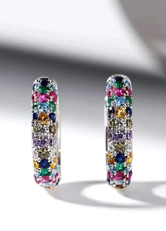 Women's Mini Round Silver Drop Earrings Set Colorful Zircon Zinc Alloy Jewelry