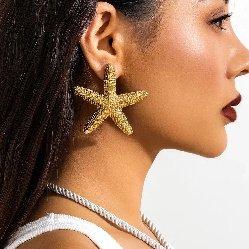 Gold Starfish Seashell Earrings Boho Ocean Studs Gift Jewelry