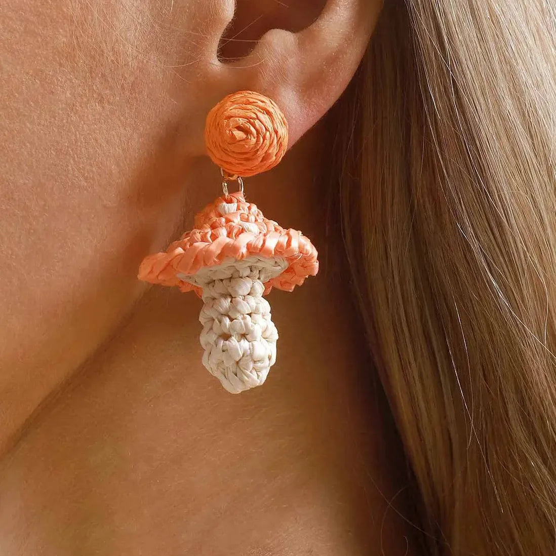Lafite Grass Woven Mushroom Stud Earrings for Women Bohemian Summer Jewelry