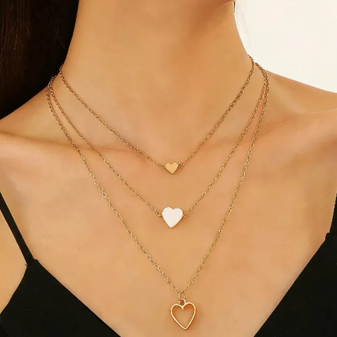 3Pcs Zinc Alloy Heart Pendant Necklace Layered Collarbone Chain Set Women
