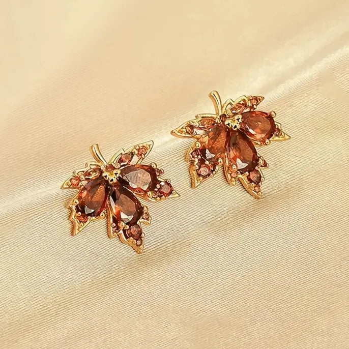 Gold Maple Leaf Stud Earrings with Cubic Zirconia Copper Alloy Jewelry for Women