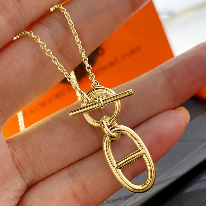 Minimalist OT Button Oval Pendant Necklace for Women's Holiday Parties, Weddings, Jewelry Gifts
