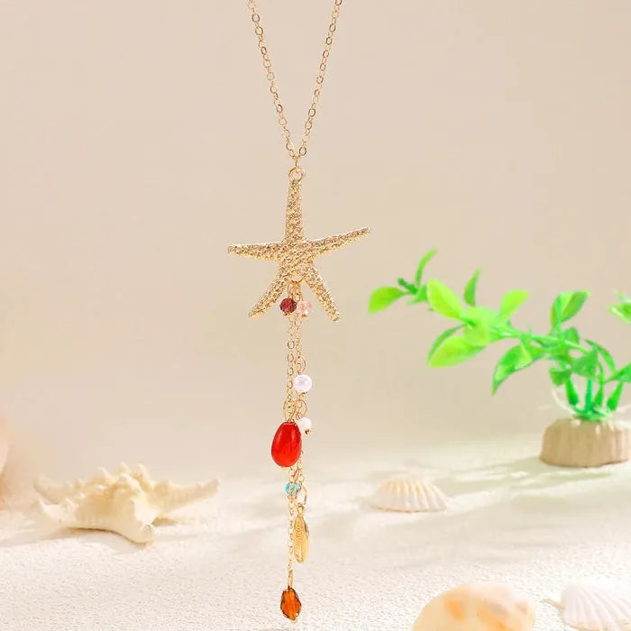 Boho Starfish Shell Jewelry Set Zinc Alloy Crystal Bead Necklace Earrings