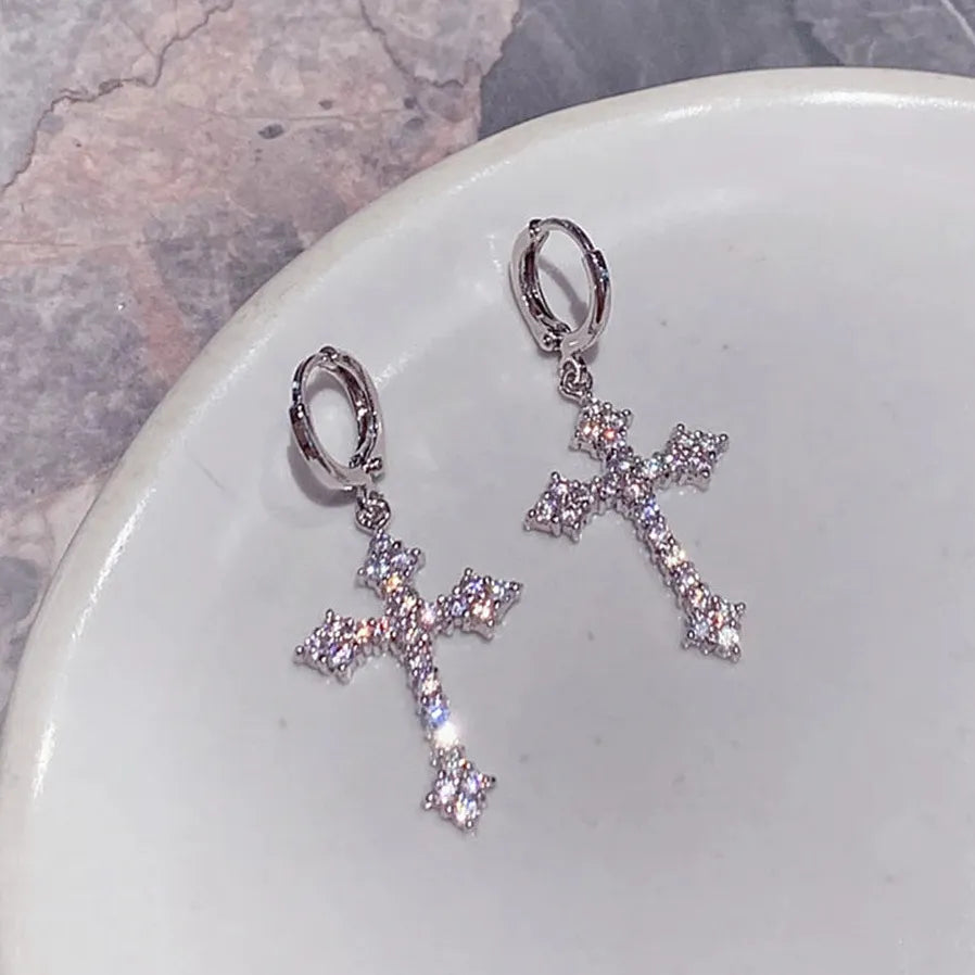 Rhinestone Cross Hoop Earrings Dangle Punk Grunge Jewelry for Women Men