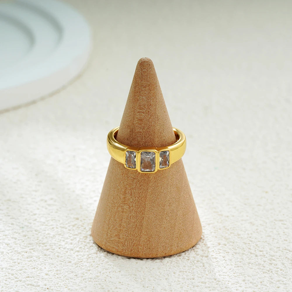 18K Gold Plated Stainless Steel Square CZ Ring Waterproof Wedding Jewelry