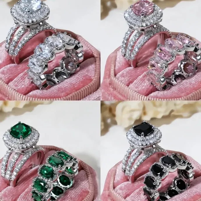 2Pcs Women’s Wedding Rings Set Brass Cubic Zirconia Geometric Bridal Jewelry