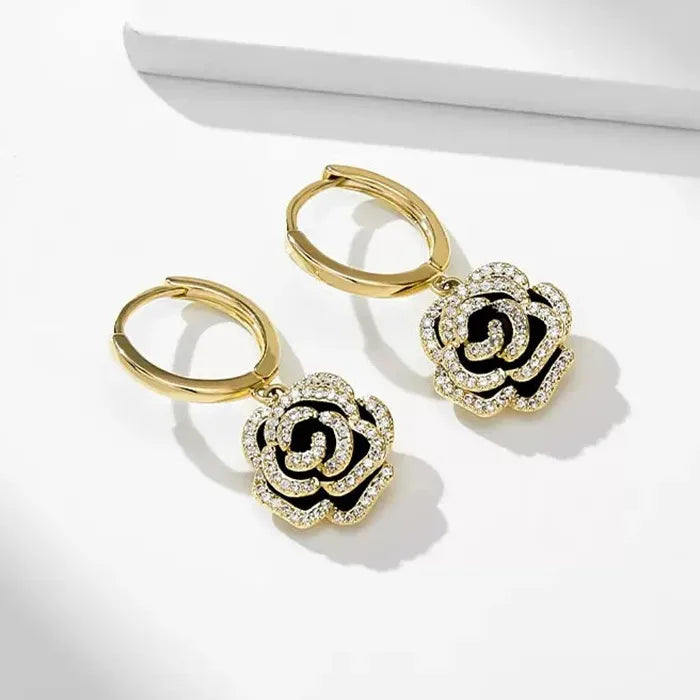 Black Rose Flower Metal Opening Ring for Women Girls with Zircon Jewelry