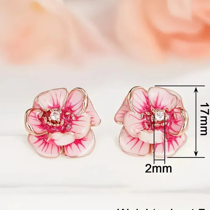 Pink Flower Geometric Copper Alloy CZ Stud Earrings Women Party Wedding Jewelry