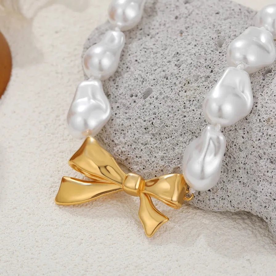 Handmade Gold Bowknot Pendant Irregular Baroque Pearl Necklace for Women