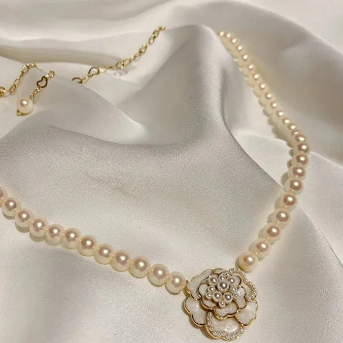 Vintage Camellia Pearl Pendant Necklace for Women Wedding Jewelry Gift