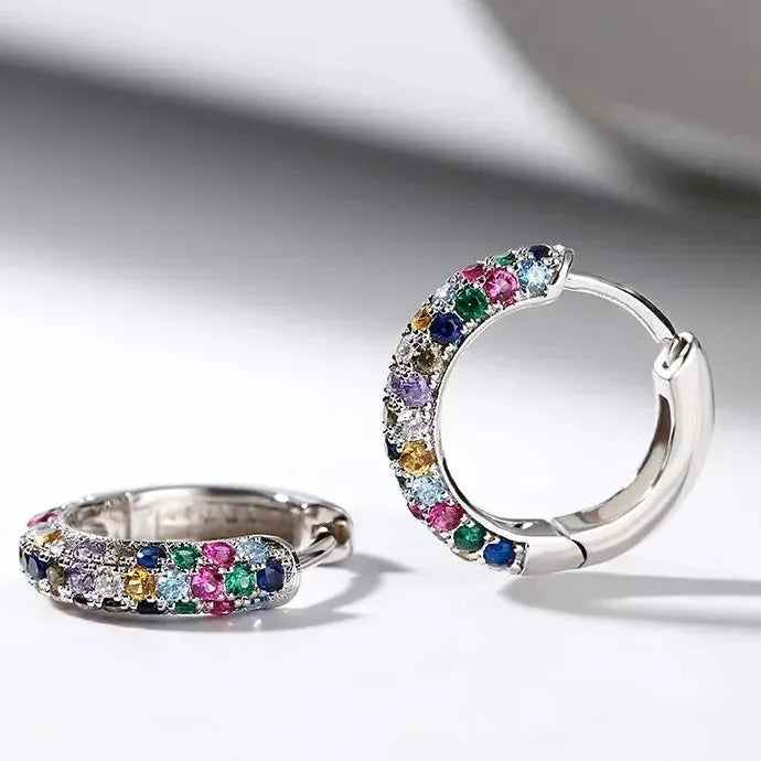 Women's Mini Round Silver Drop Earrings Set Colorful Zircon Zinc Alloy Jewelry