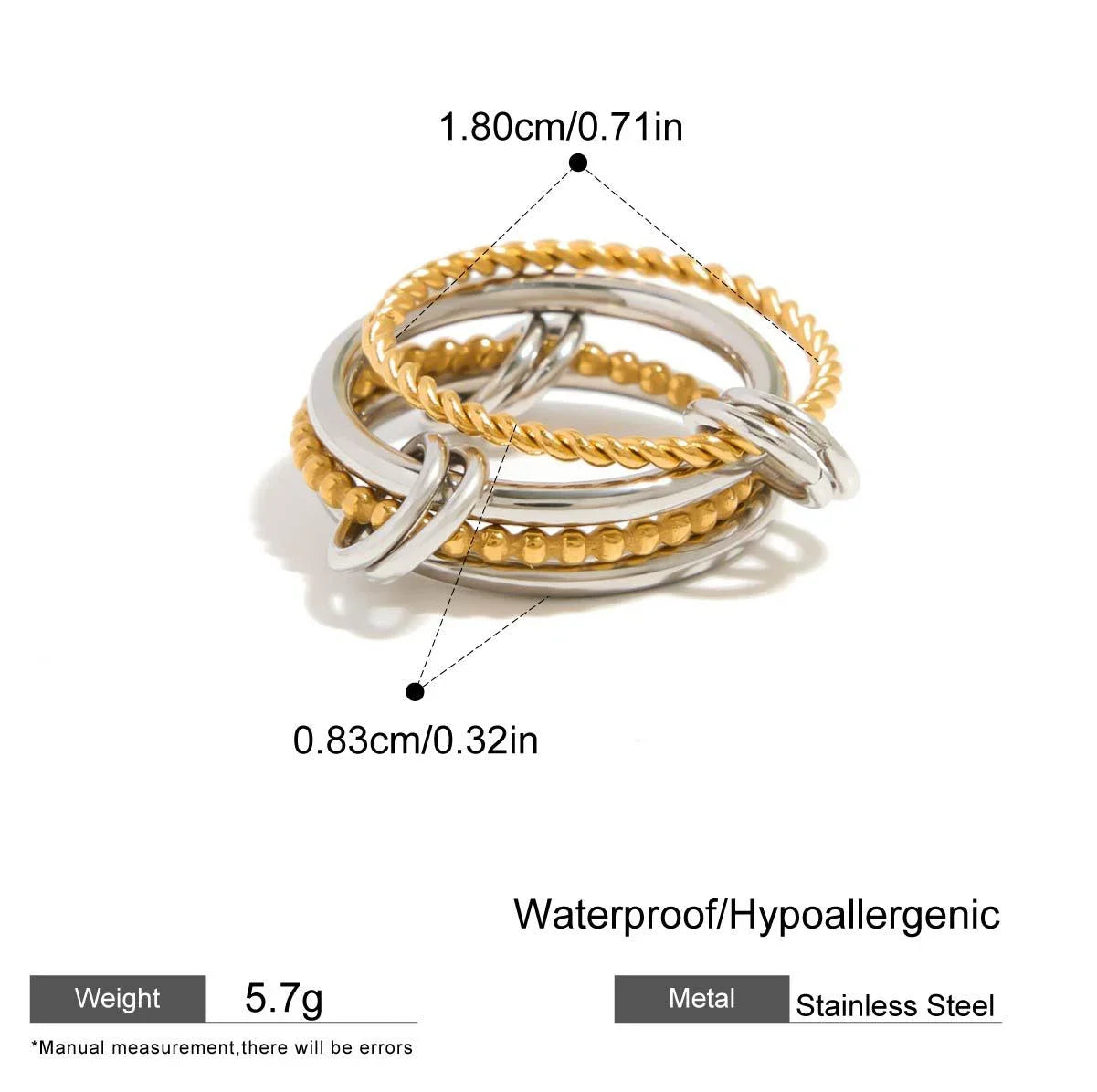 Stackable Two-Color Multilayer Four-Ring Stainless Steel CZ Zircon Jewelry Set Hypoallergenic
