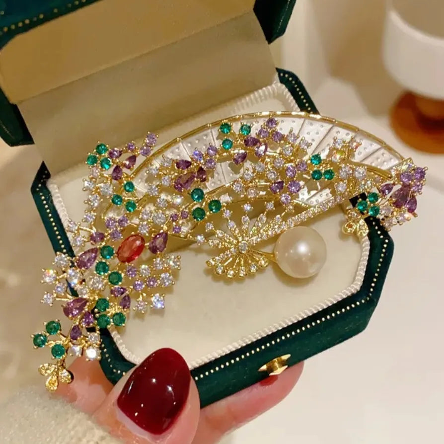 Vintage Chinese Violet Vine Folding Fan Brooch Pin for Women