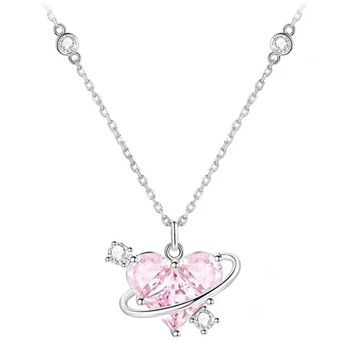 Y2K Pink Zircon Heart Pendant Necklace for Women Zinc Alloy Gift