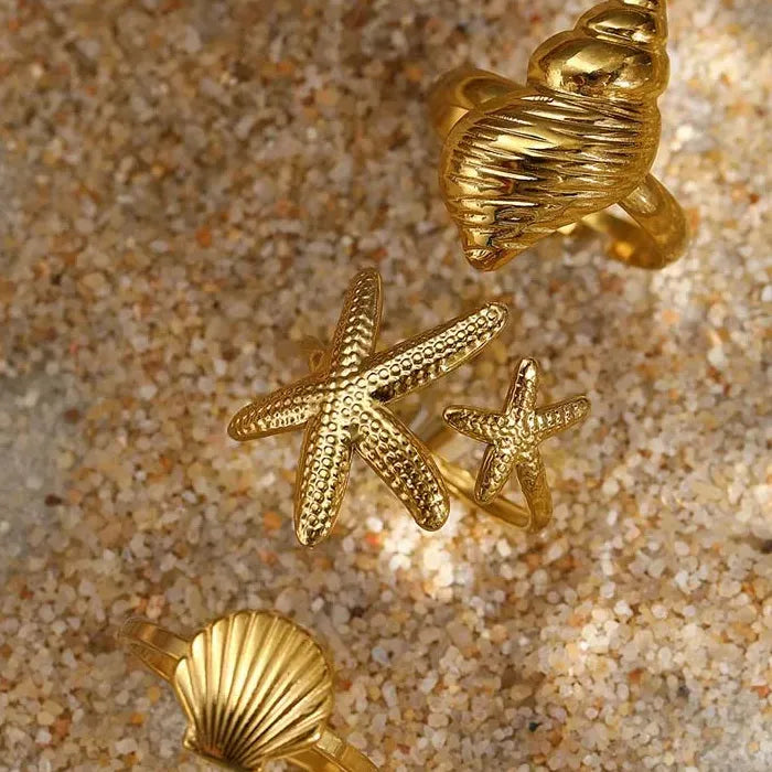 Adjustable Stainless Steel Starfish Conch Shell Ring for Women Gift Jewelry Gold