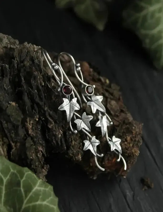 Vintage Ivy Elven Leaf Drop Earrings Women Silver Metal Crystal Jewelry