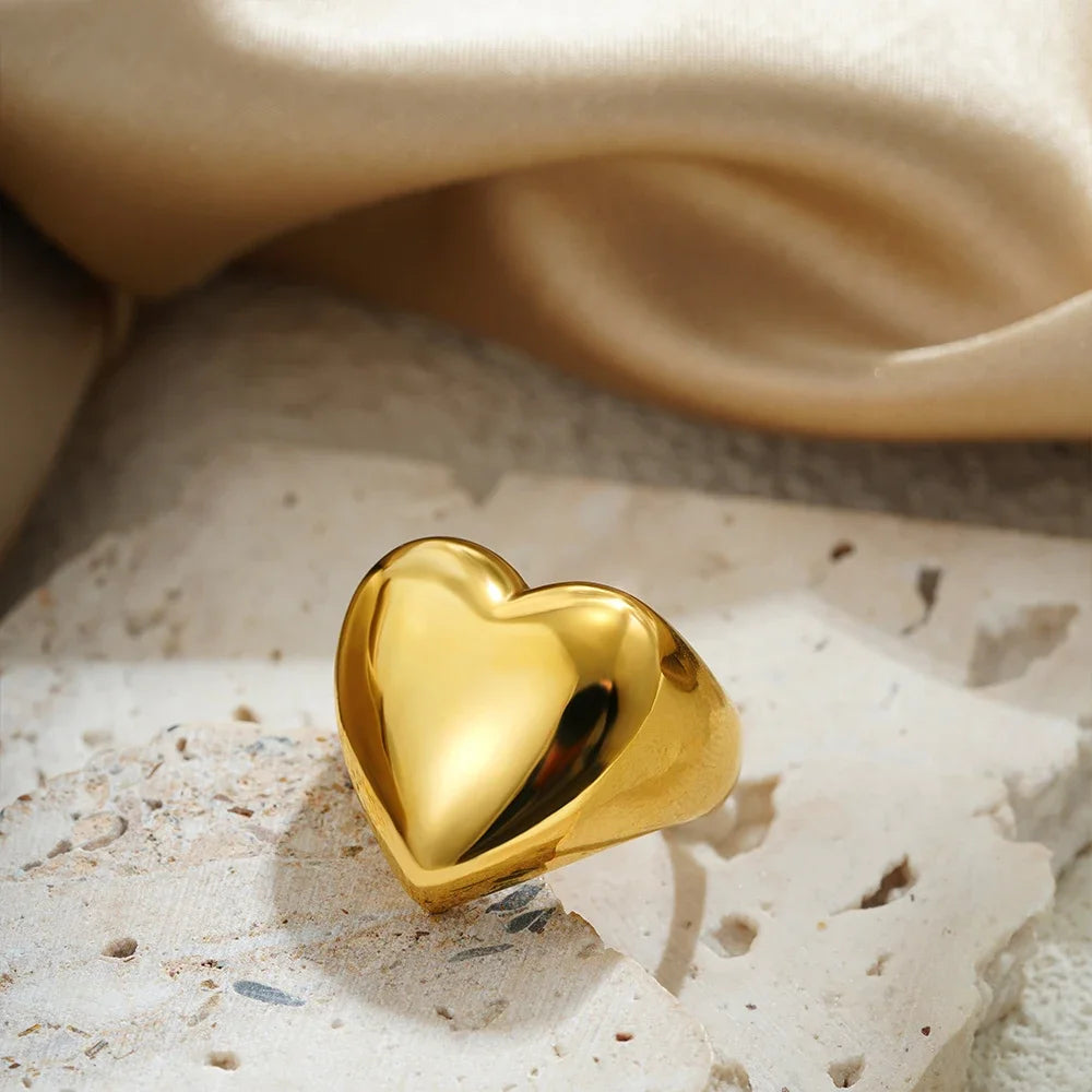 18K Gold Plated Chunky Heart Ring for Women Waterproof Non Tarnish Wedding Jewelry