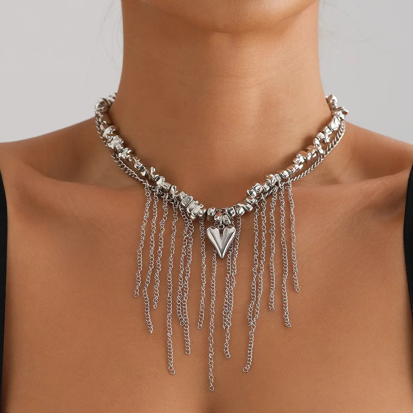 Y2K Zinc Alloy Heart Tassel Crystal Pendant Choker Necklace for Women
