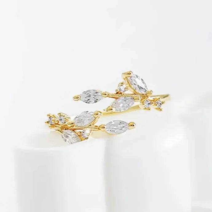 Women’s Wedding Ring Branch Leaves Opening 3 Metal Colors Brass CZ Band