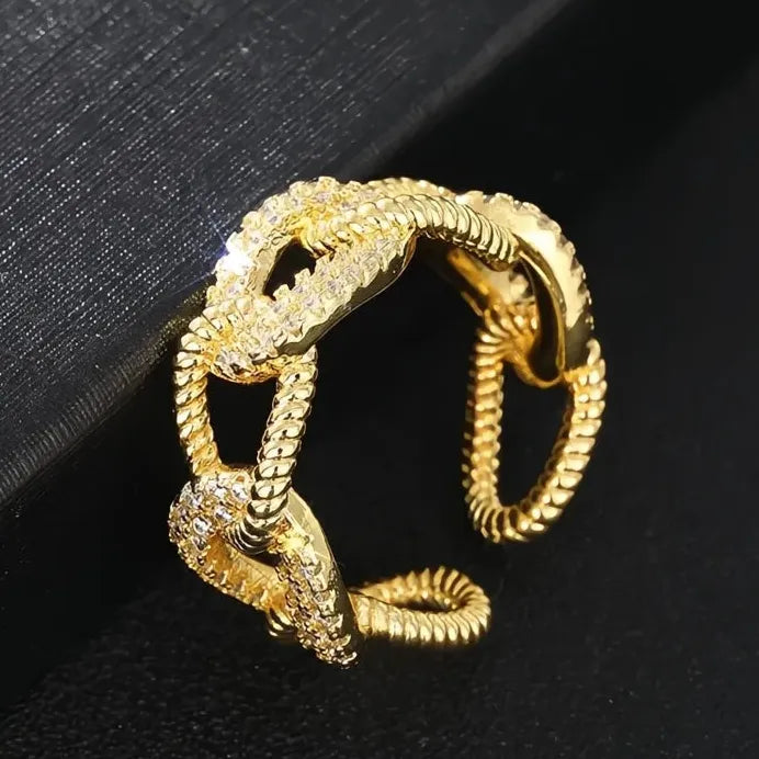 Adjustable Gold Brass CZ Chain Link Geometric Ring for Women