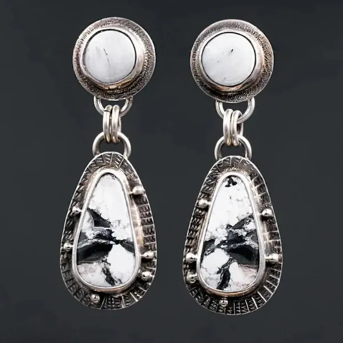 Women’s Blue Resin Inlaid Retro Handmade Metal Pendant Drop Earrings