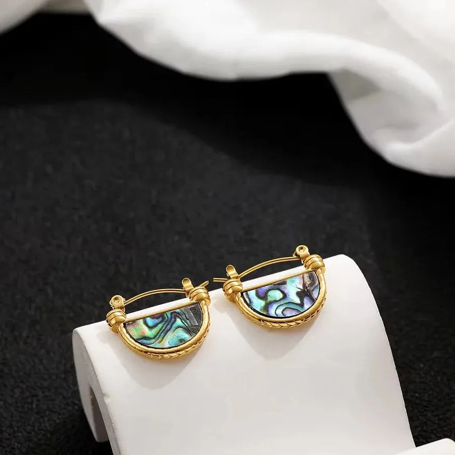 Natural Abalone Shell Pearl Stud Earrings Geometric Huggie Hoops CZ Necklace Choker