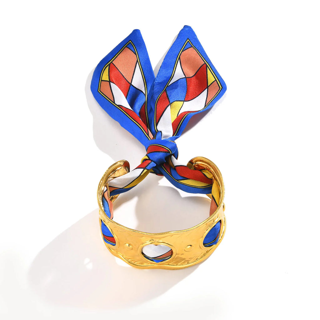 Exaggerated Stainless Steel Skeleton Open Bangle Bracelet with Silk Scarf