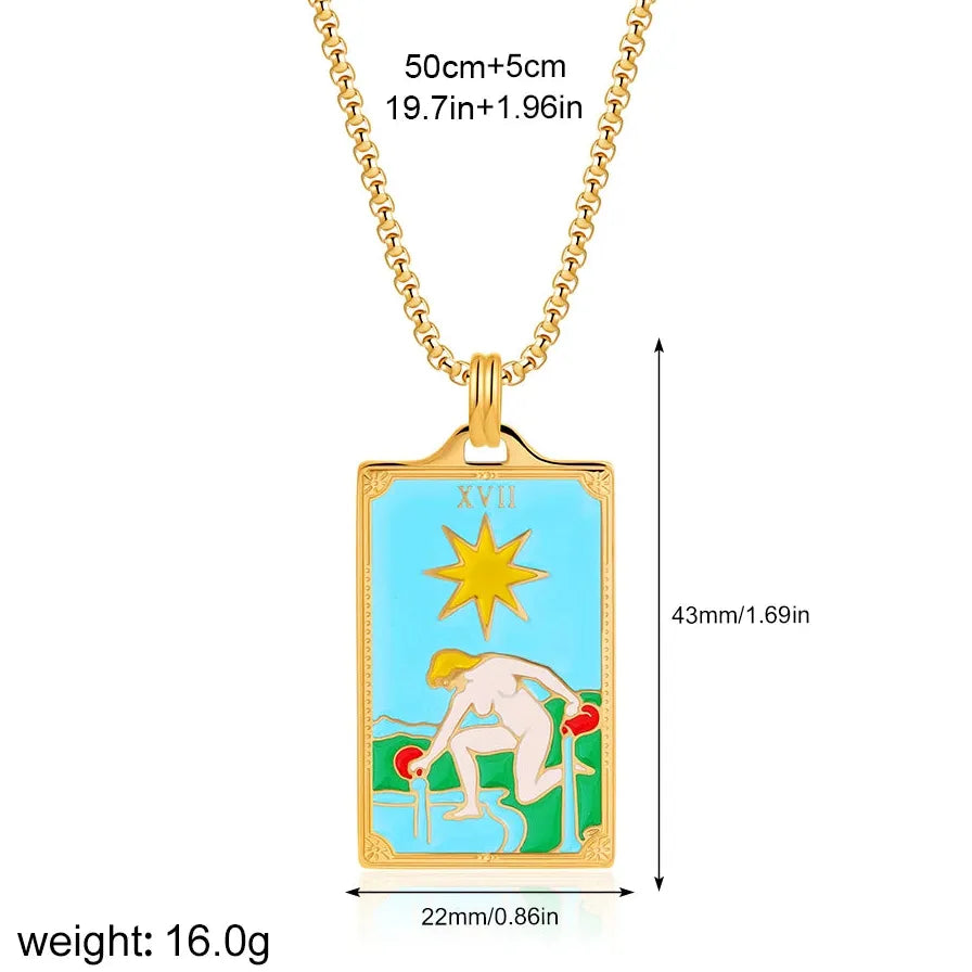 Vintage Gold Plated Stainless Steel Tarot Card Pendant Necklace for Women Punk