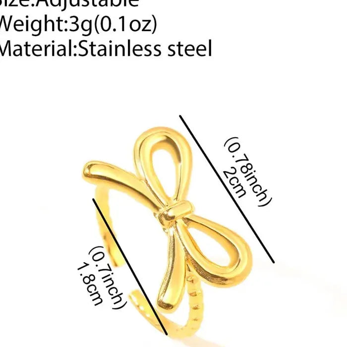 Adjustable Stainless Steel Gold Bowknot Ring for Women Fashion Jewelry Gift