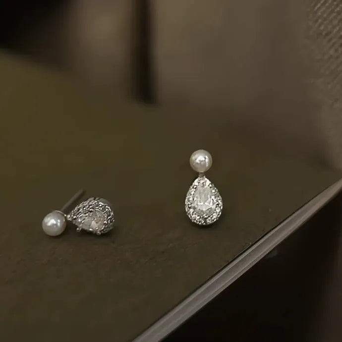 Simulated Pearl Stud Earrings with Waterdrop Cubic Zirconia Jewelry for Women