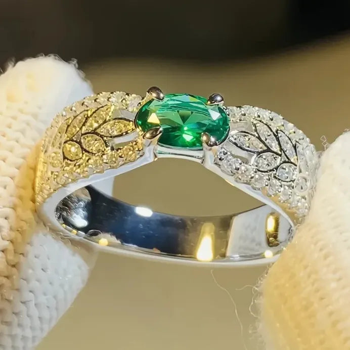 Silver Green Cubic Zirconia Leaf Shape Wedding Band Ring for Women