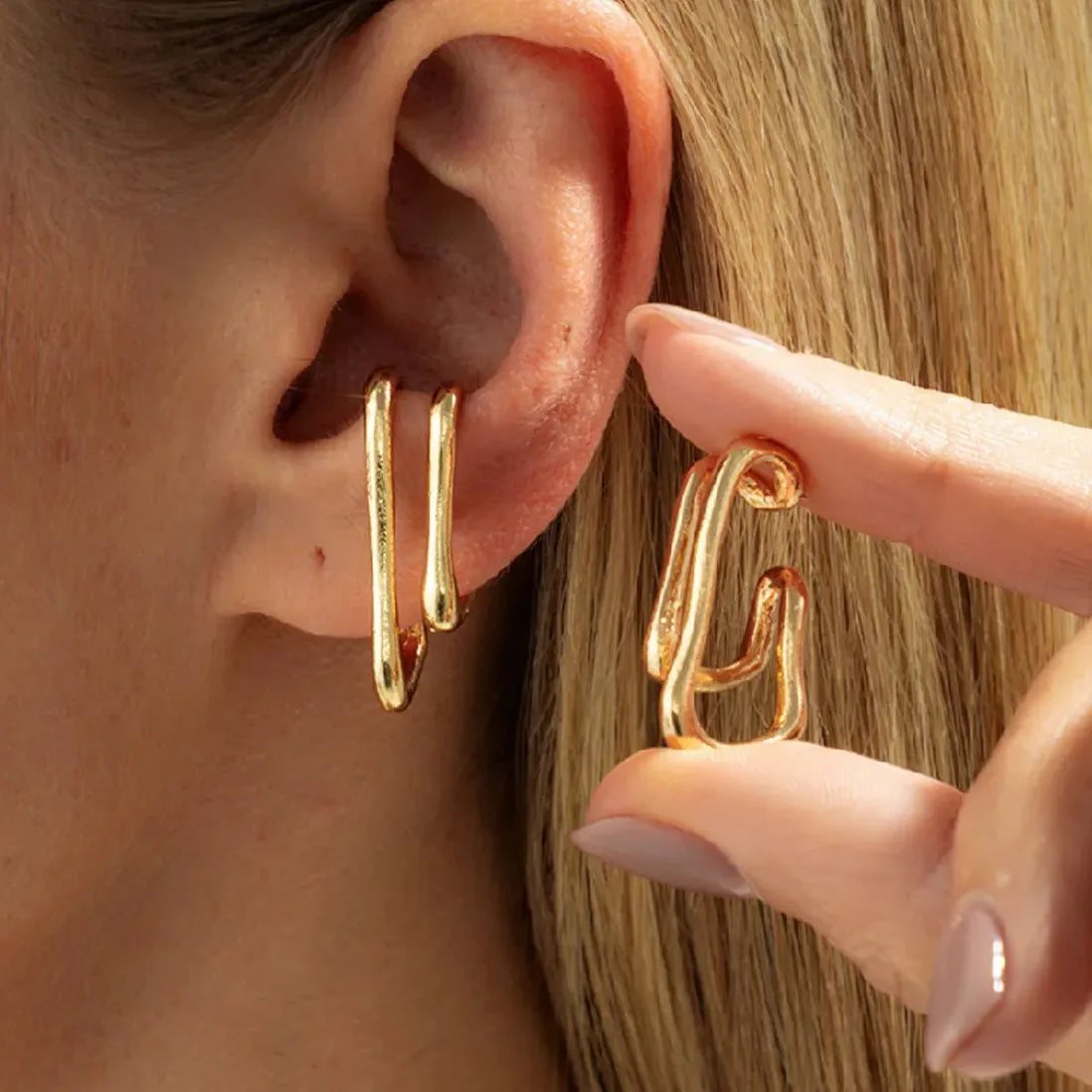 Gold Color Punk Double Layer Geometric Ear Cuff Clip-On Earrings for Women
