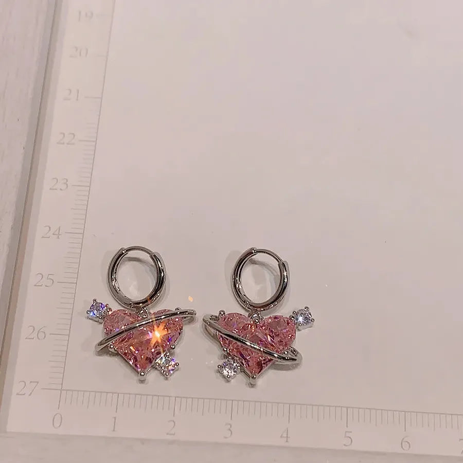 Pink Zircon Y2K Love Heart Planet Hoop Earrings for Women 90s Egirl Jewelry