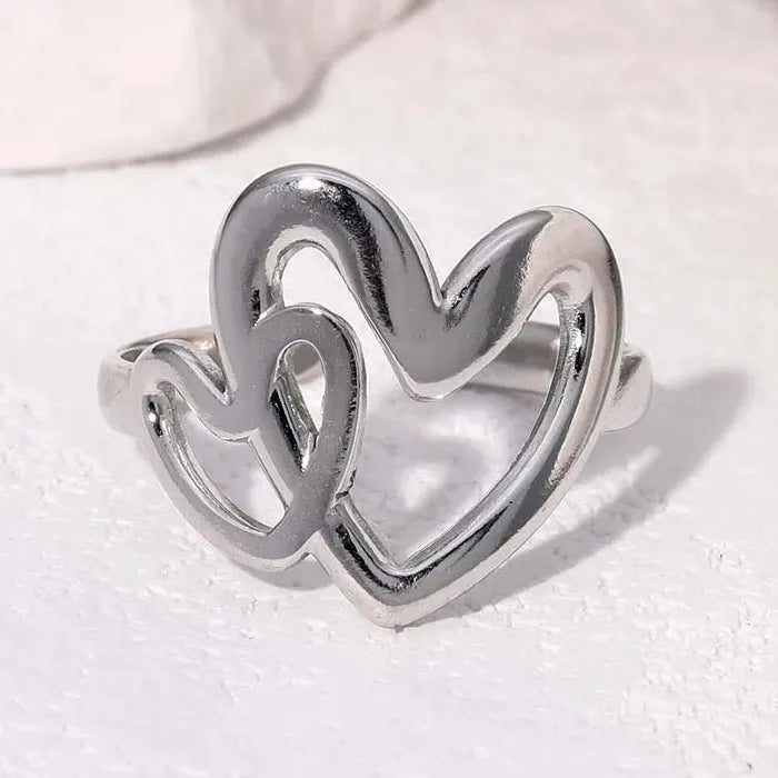 Adjustable Stainless Steel Open Heart Ring for Women Men Romantic Gift Jewelry