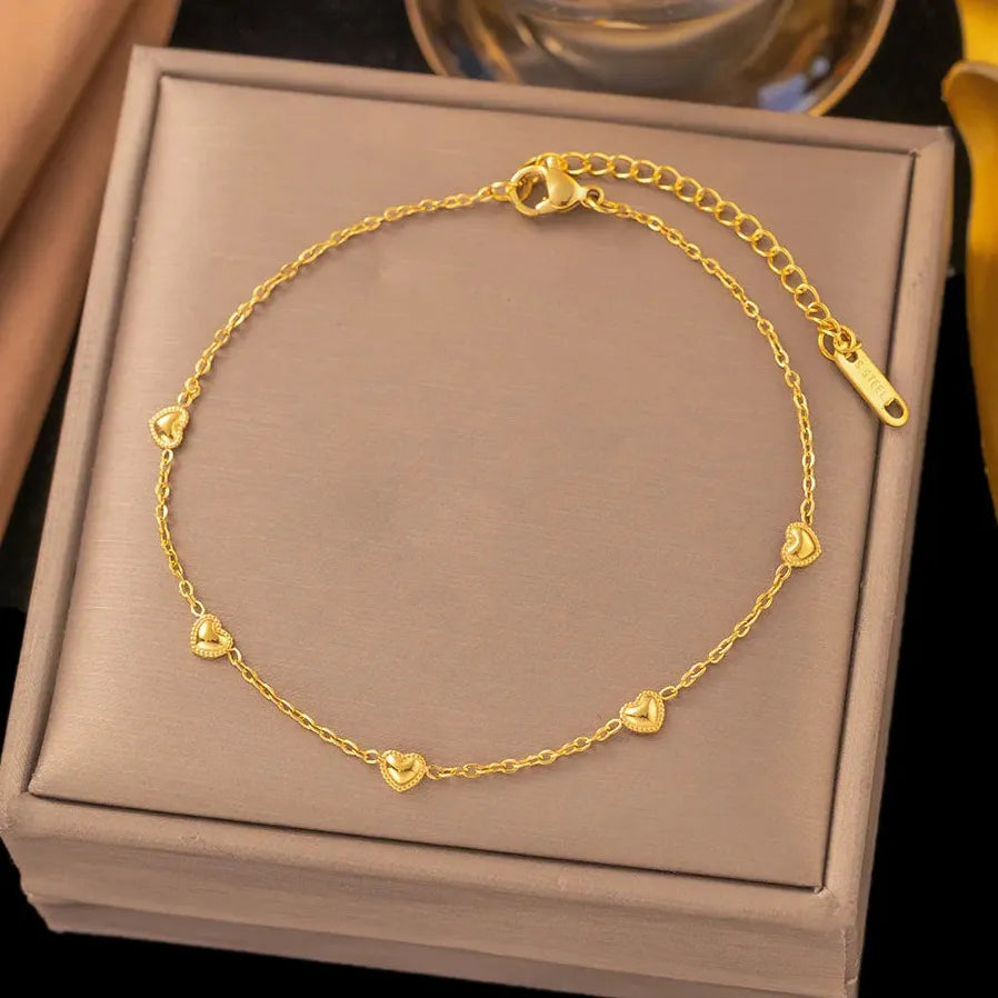 Stainless Steel Heart Charm Beaded Bracelet for Women Romantic Jewelry Gift