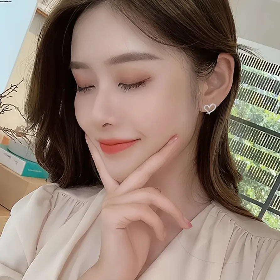 Geometric CZ Crystal Heart Stud Earrings for Women Silver Gift
