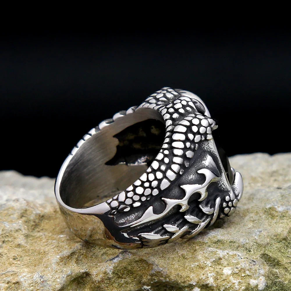 Vintage Punk Dragon Claws Ring Stainless Steel Black Stone Unisex Jewelry Gift