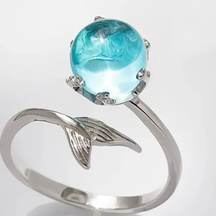 Adjustable Silver Plated Blue Mermaid Fish Tail Bubble Ring for Women Girls