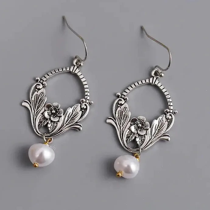 Bohemian Silver Metal Carving Plant Pattern Pearl Drop Earrings for Women