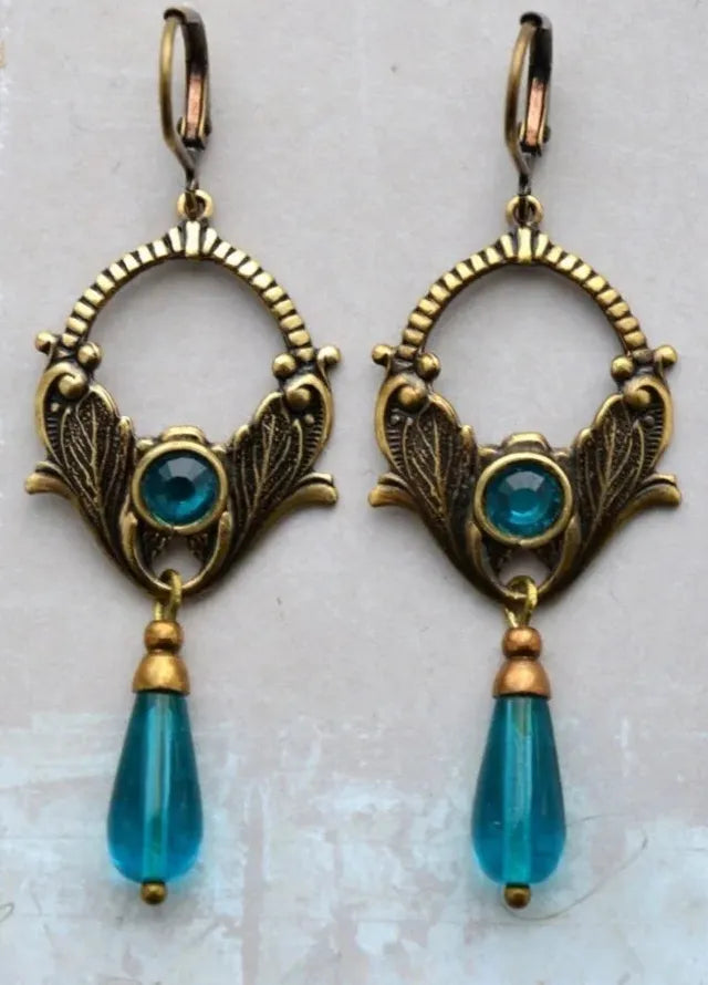 Vintage Bohemian Blue Gemstone Pendant Earrings for Women Ethnic Zinc Alloy Jewelry