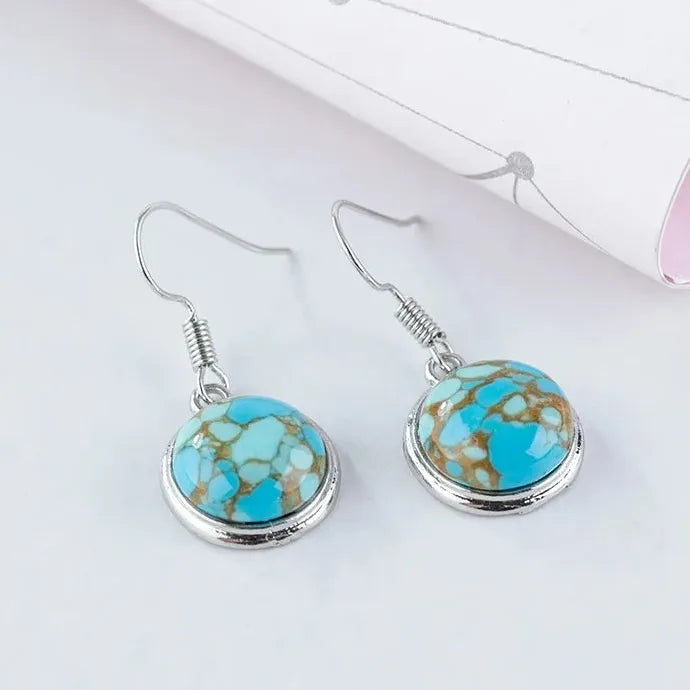 Vintage Silver Round Turquoise Stud Earrings for Women Zinc Alloy Jewelry